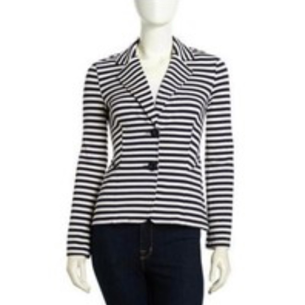 Neiman Marcus Striped Jersey Knit Blazer jacket white dark navy blue sz M